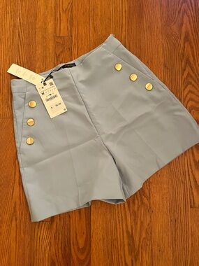 Zara Powder Blue High-Waist Sailor Shorts with Gold Buttons